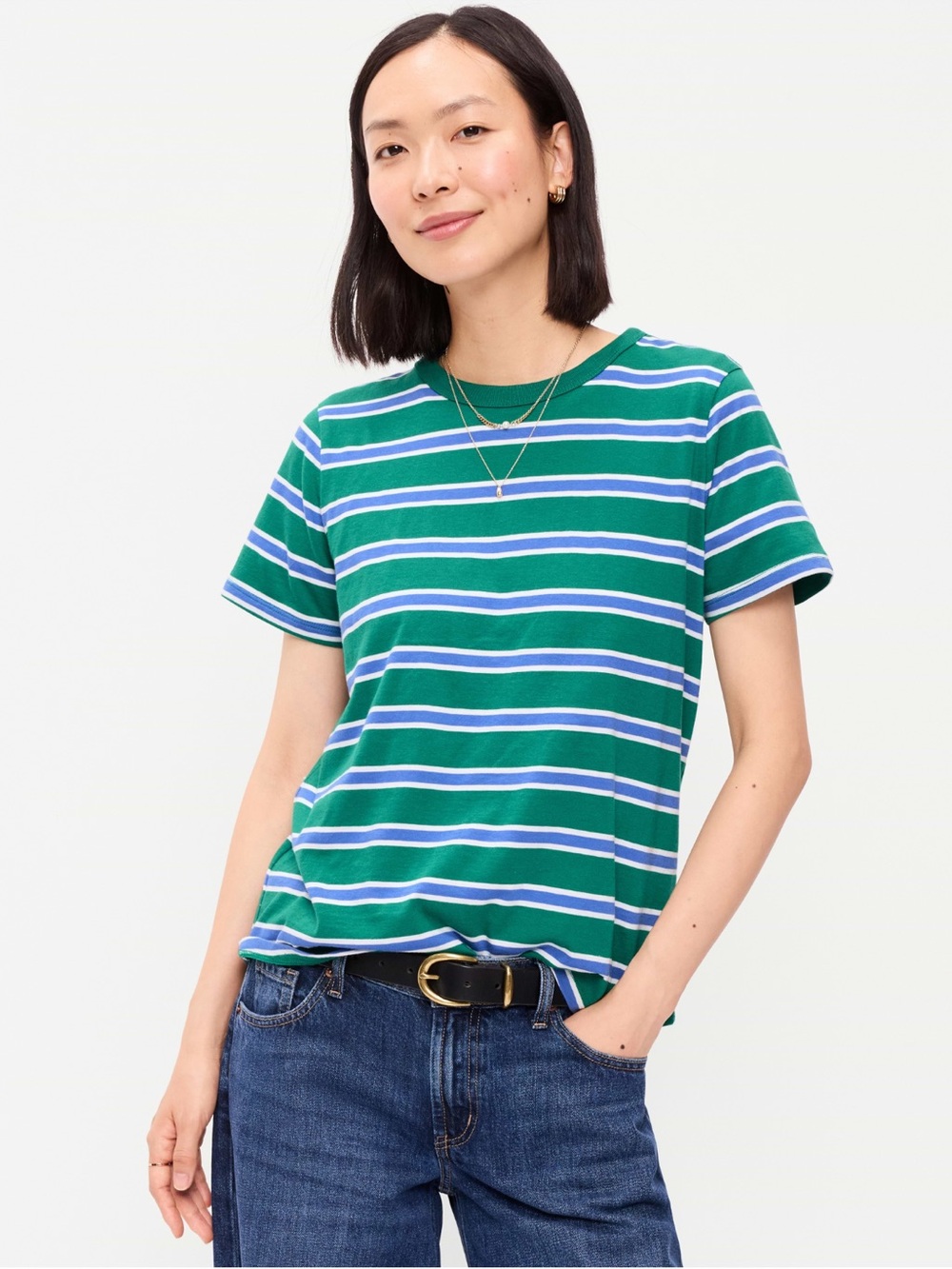 Old Navy Women’s Green Blue White Striped Crewneck Tee Size S NWT